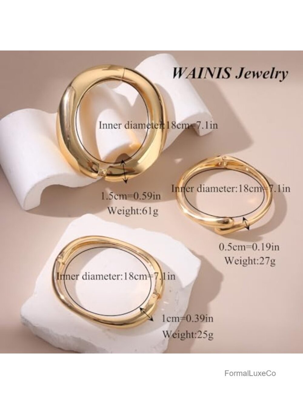 3Pcs Chunky Gold Plated Bangle Bracelets Set Stackable Cuff - Picture 3 of 6